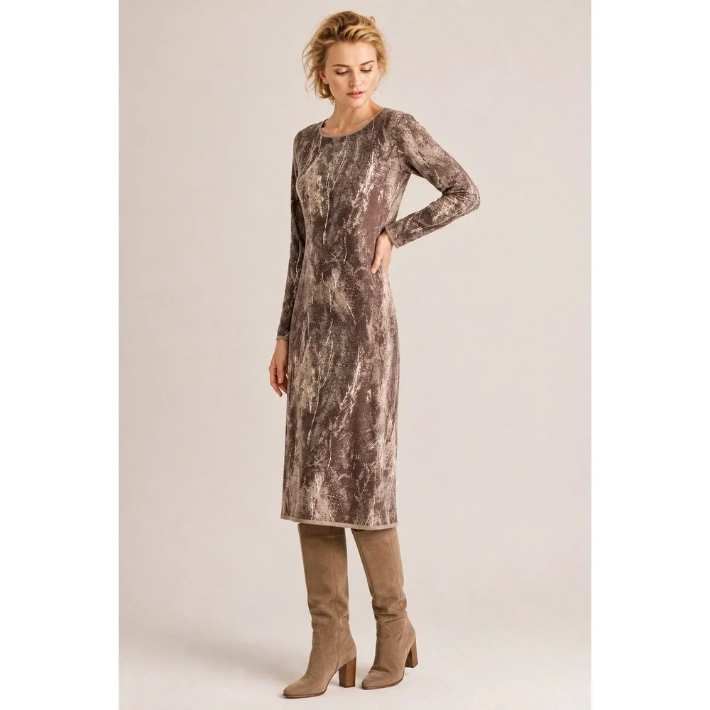 Peruvian Connection Sweater Dress XL Abstract Print Long Sleeve Midi Brown Taupe
